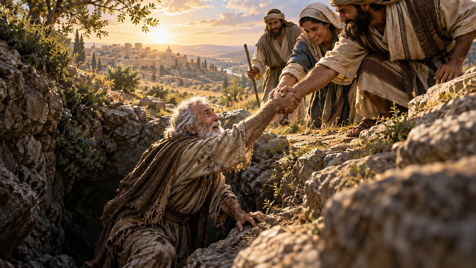 Companions help the elder from a dark ravine.
