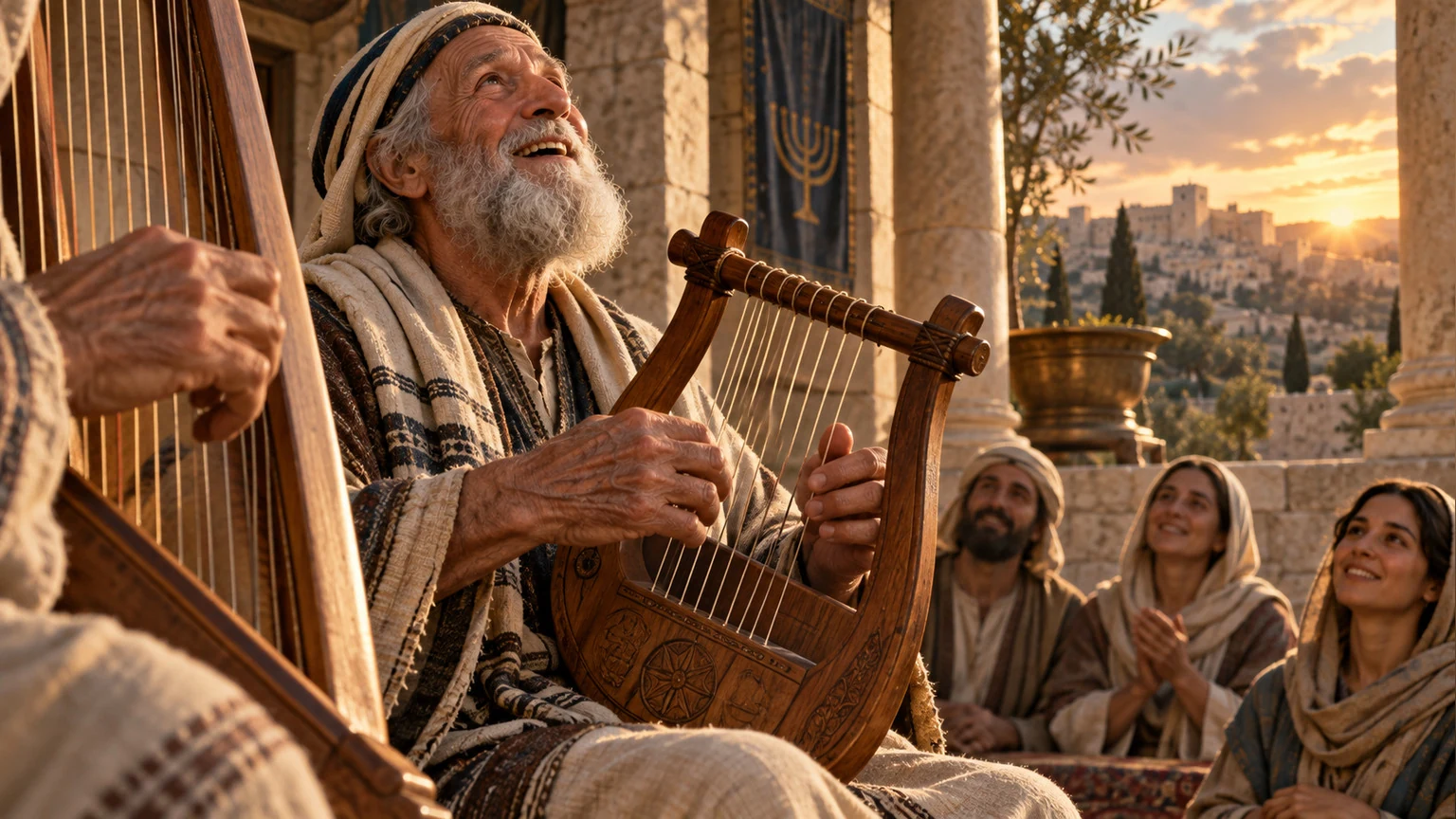Weathered hands play music in praise.