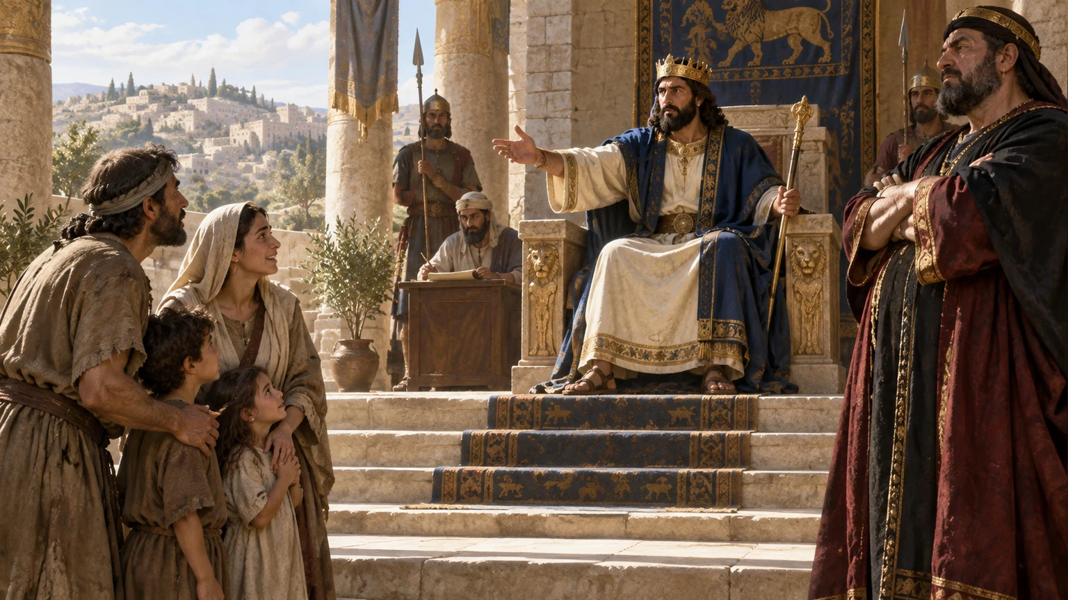 A just king hears a poor family at the royal court.