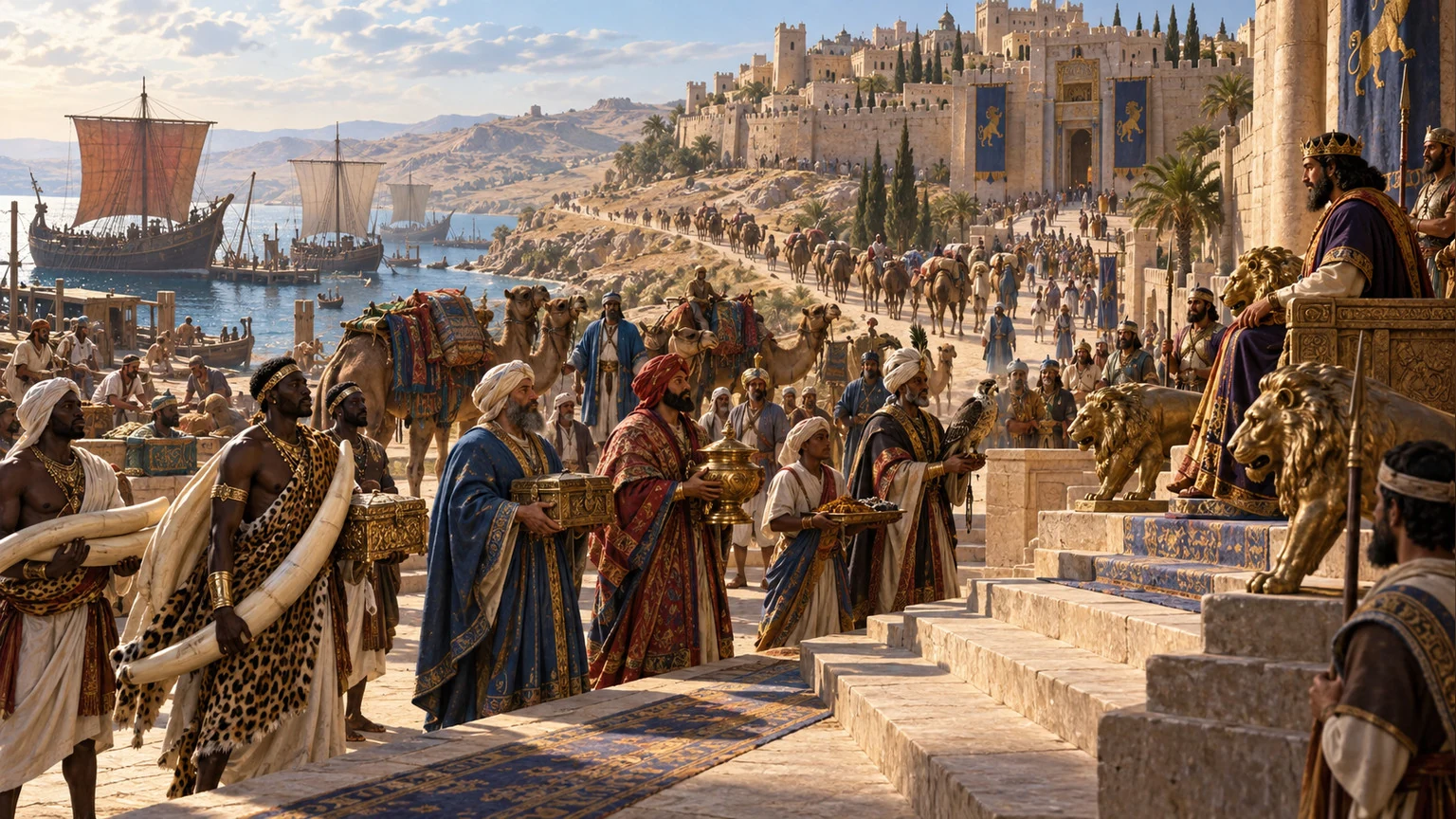 Envoys arrive by sea and desert road with gifts.