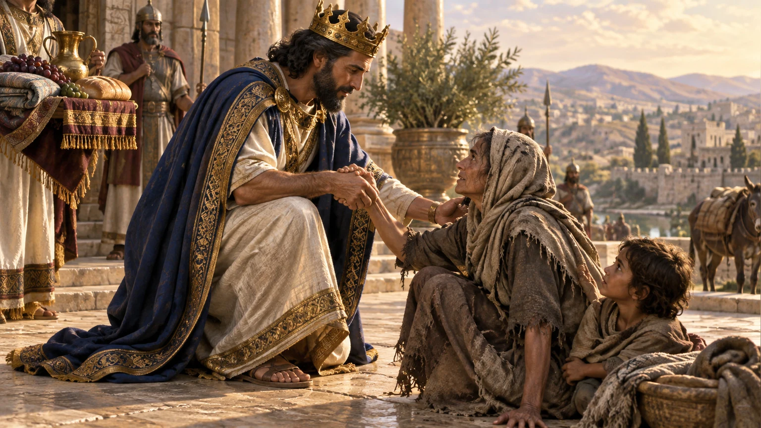 The king personally lifts a needy petitioner.