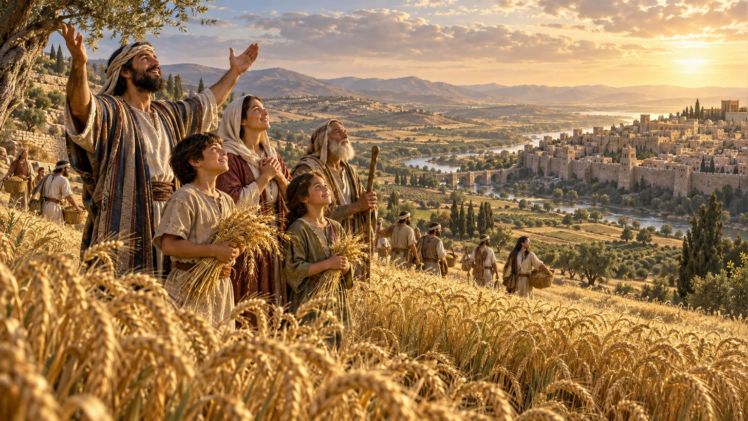 Generations walk among abundant grain near a thriving city.
