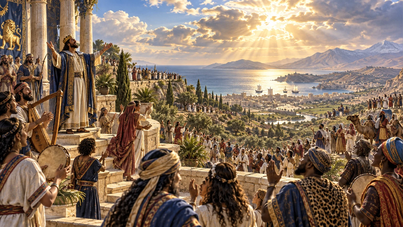 Communities praise across a broad sunlit landscape.