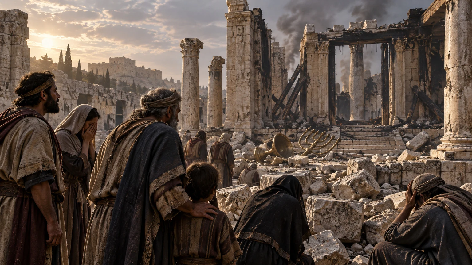 A grieving community stands amid sanctuary ruins.