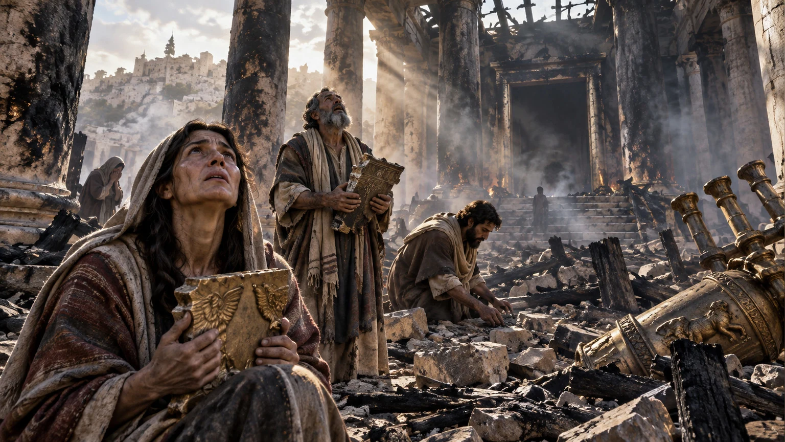 Survivors search the empty sacred space.