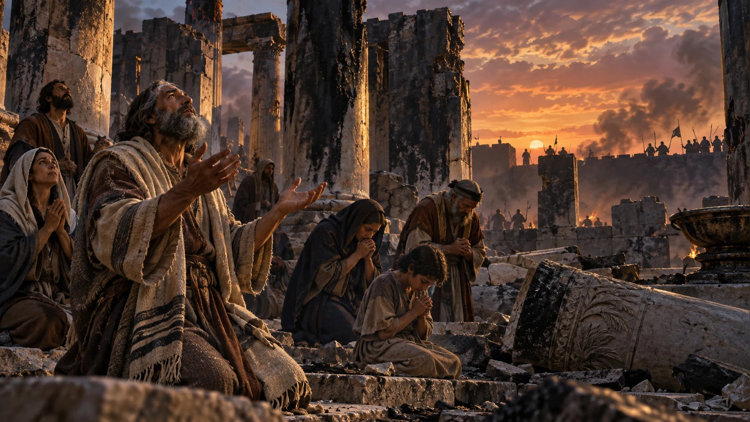 The community prays among ruins as hostile uproar persists.