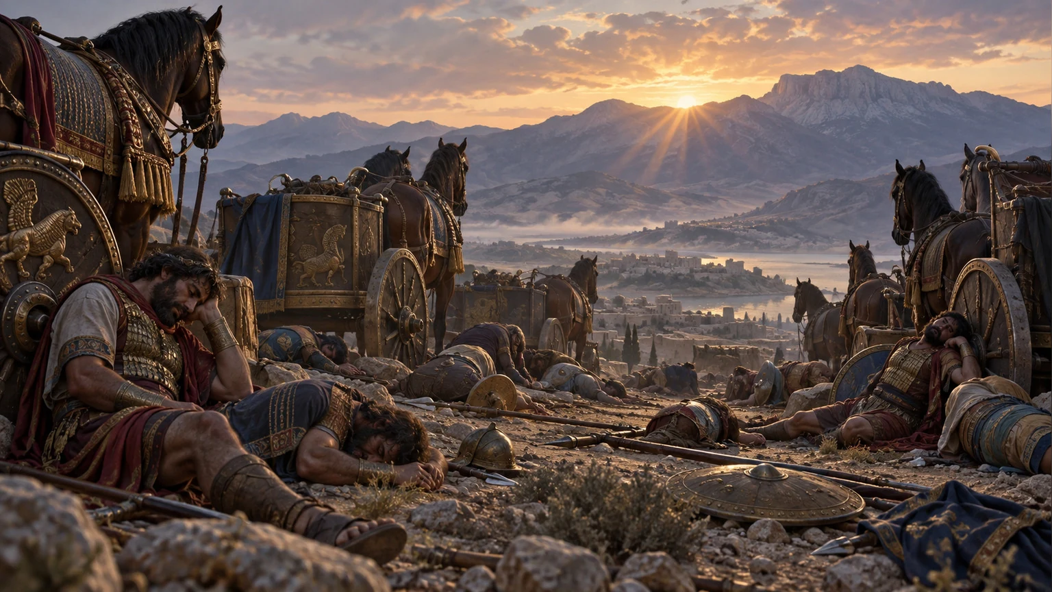 Horses, chariots, and warriors lie still at dawn.