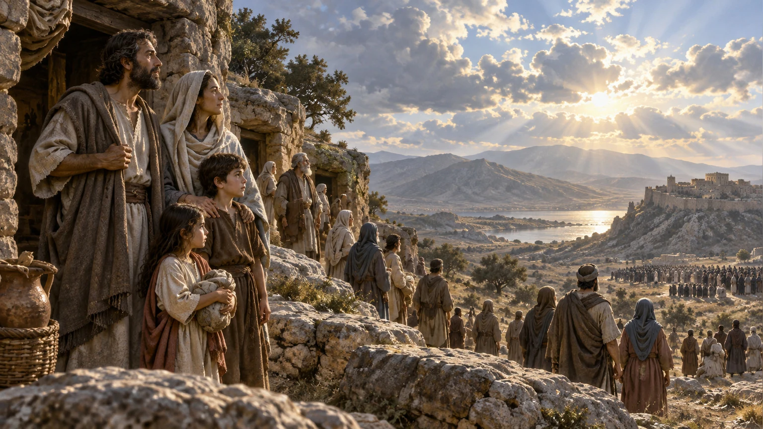 Humble families emerge into a quiet landscape.
