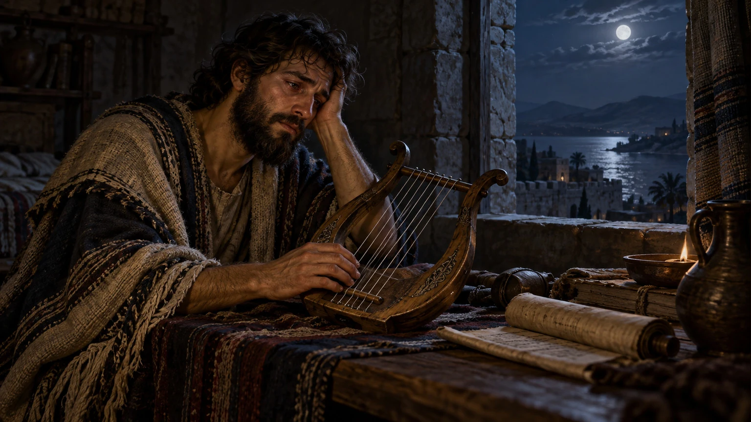 The sleepless speaker searches old songs.
