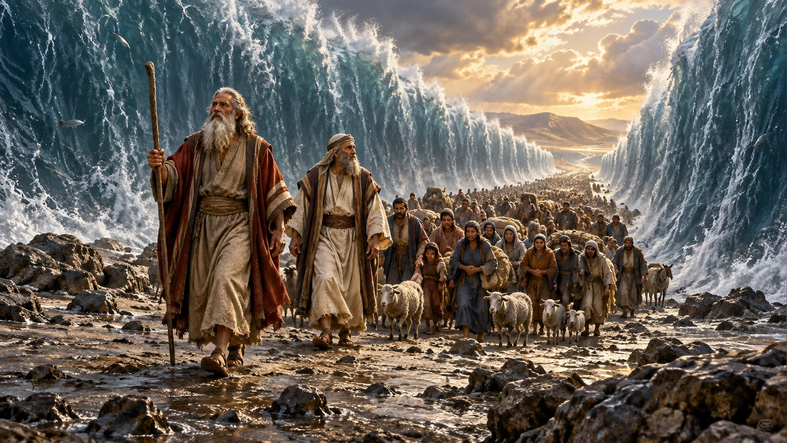 Moses and Aaron lead people through the sea.