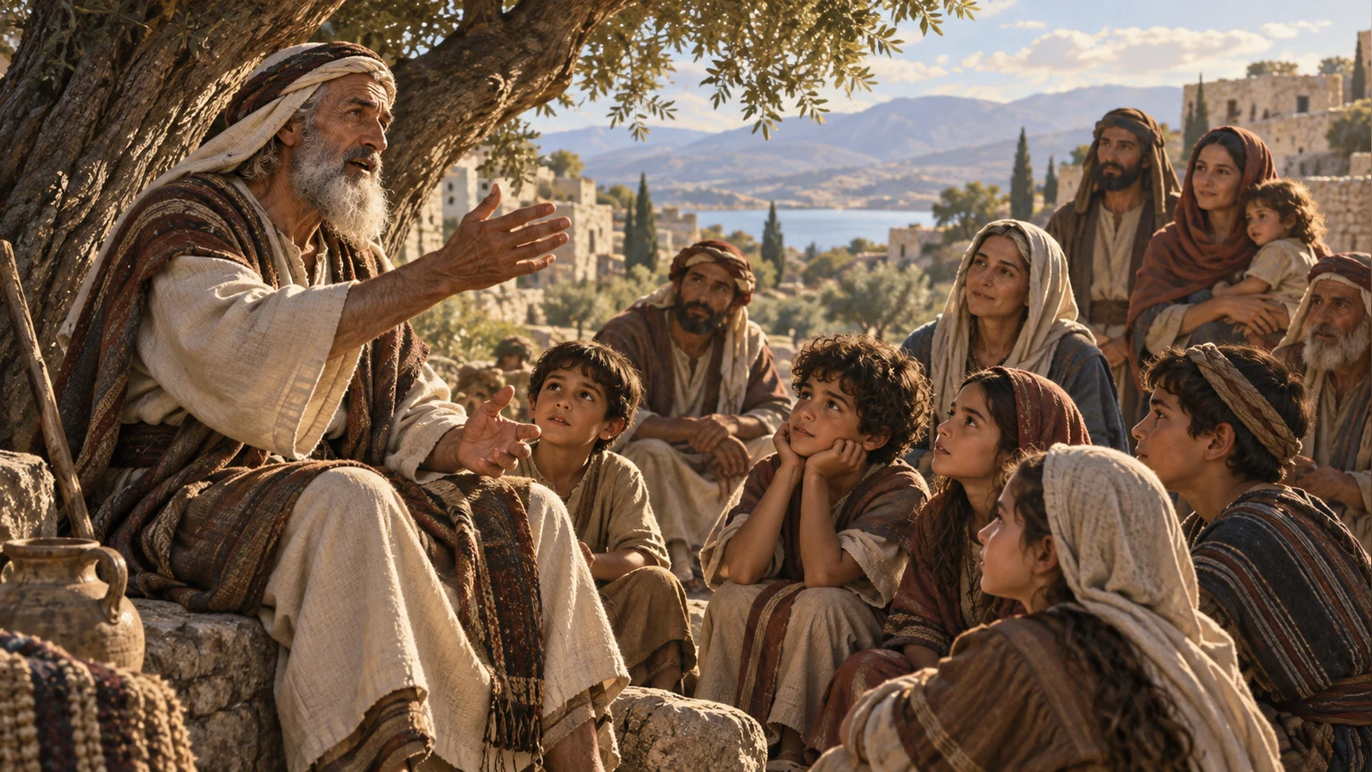 An elder begins the story for children.