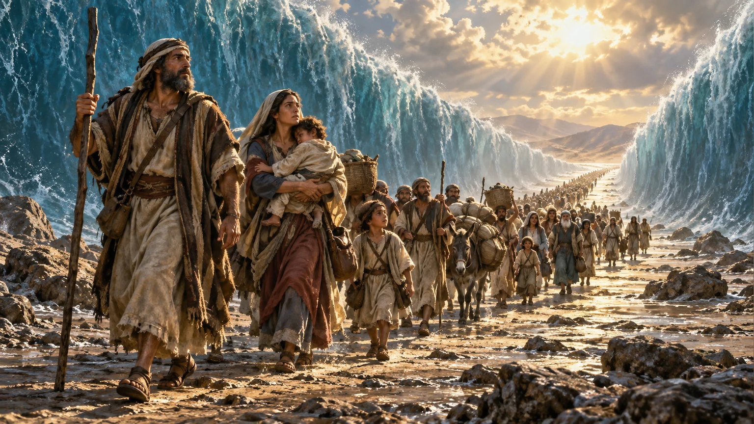 Families cross a dry path through the sea.