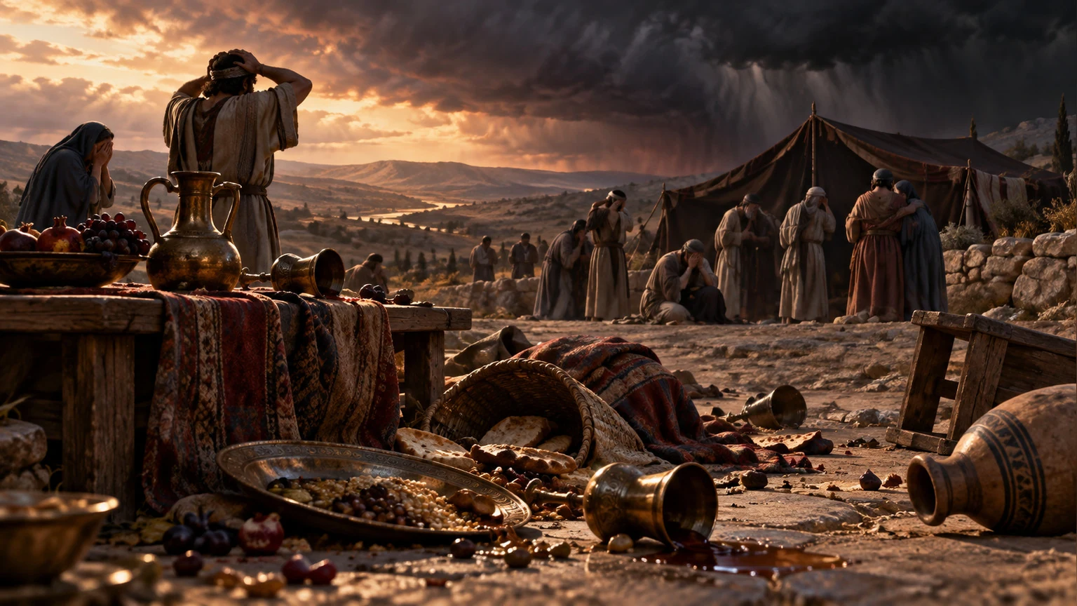 A feast stops amid distant mourning.