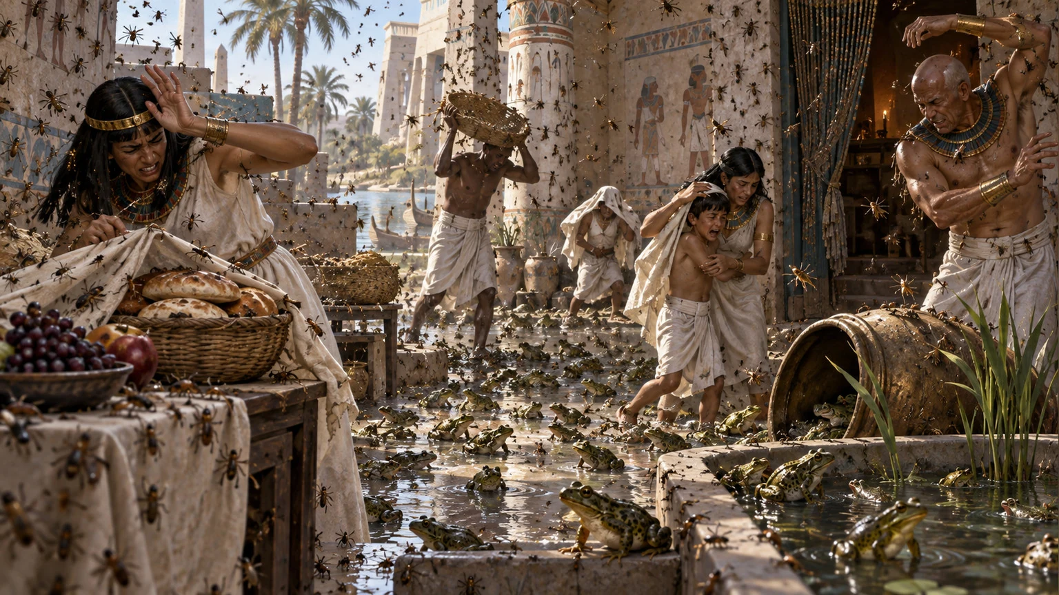 Swarms and frogs fill an Egyptian courtyard.