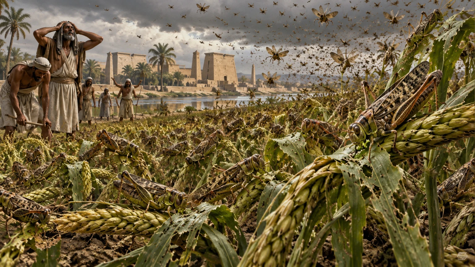 Locusts consume a field’s produce.