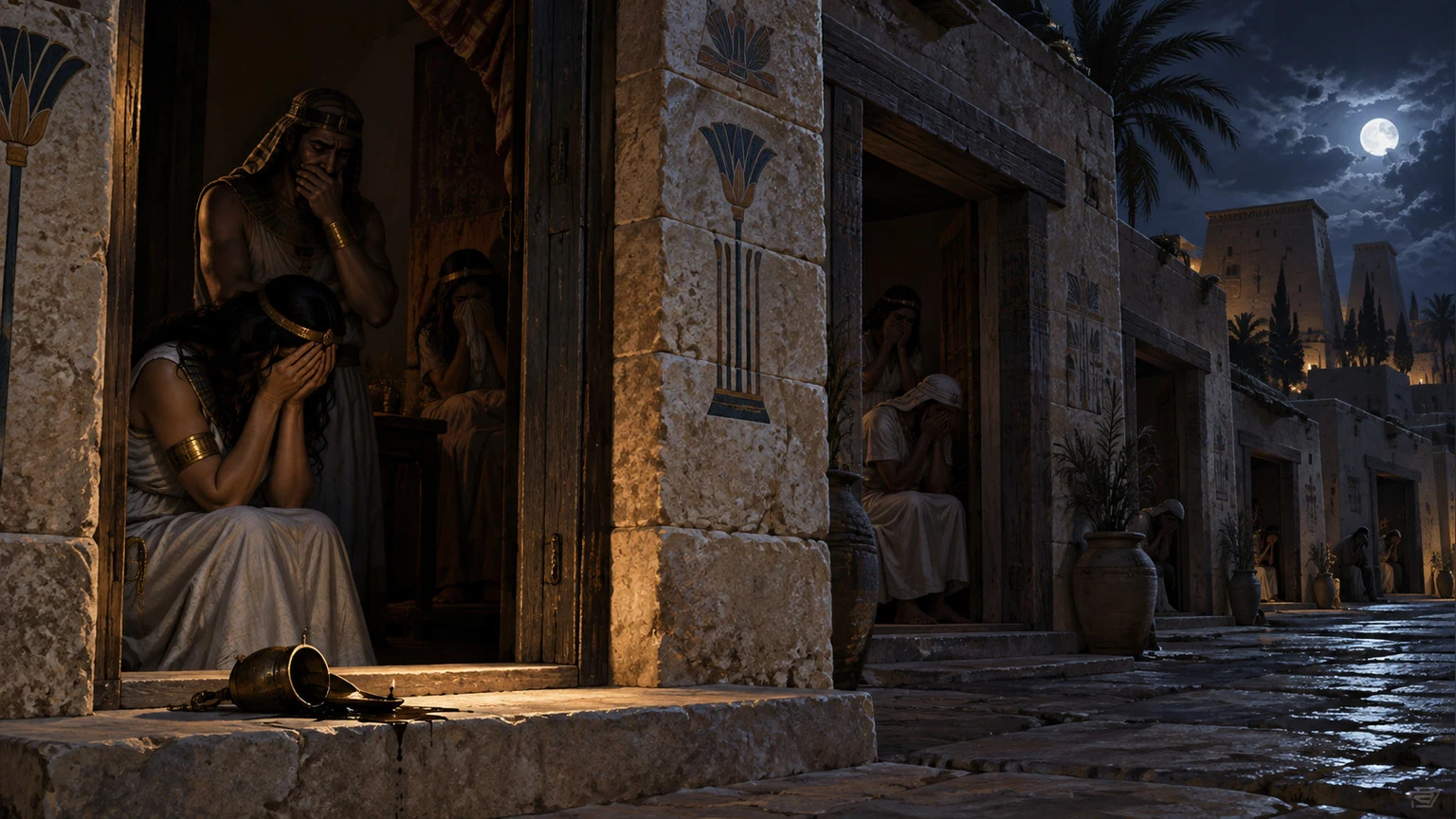Dark Egyptian thresholds hold families in mourning.