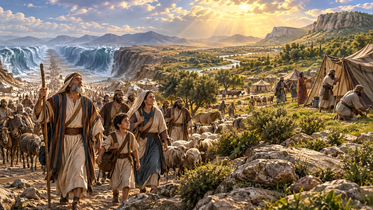 Families travel safely toward allotted land.