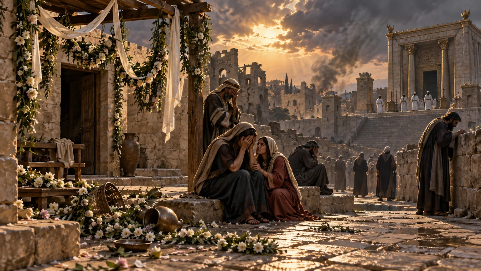 A settlement mourns beside unused wedding garlands.