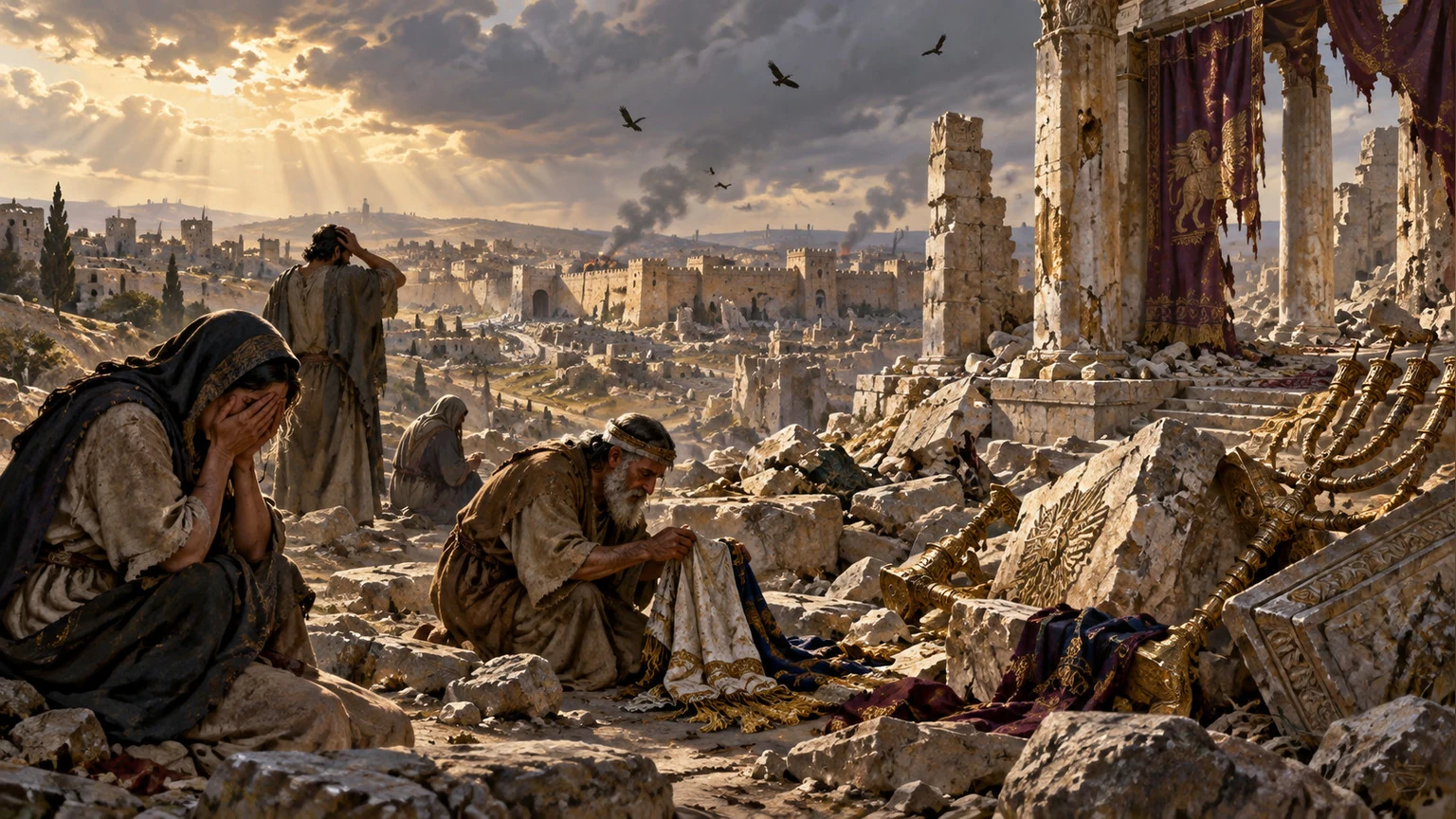 Survivors mourn in ruined Jerusalem.