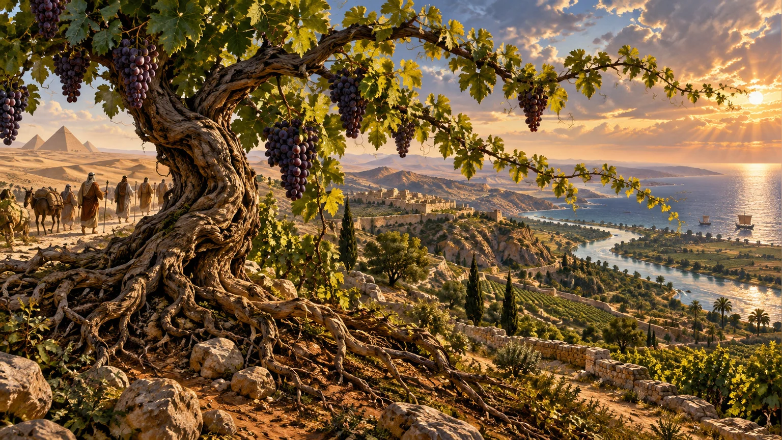 A transplanted vine spreads across the land.