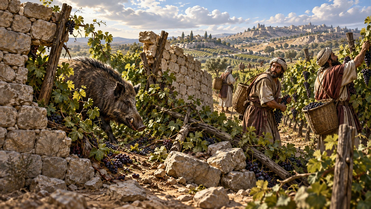 A boar enters through a broken vineyard wall.