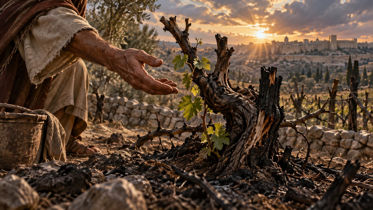 A burned vine remains rooted with a living shoot.