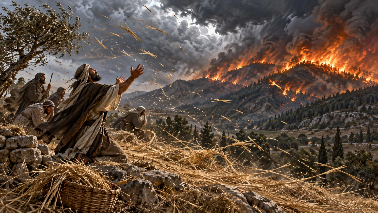 Straw and mountain fire form a symbolic petition.