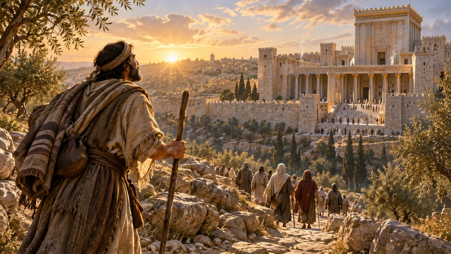 A pilgrim sees the sanctuary courts ahead.