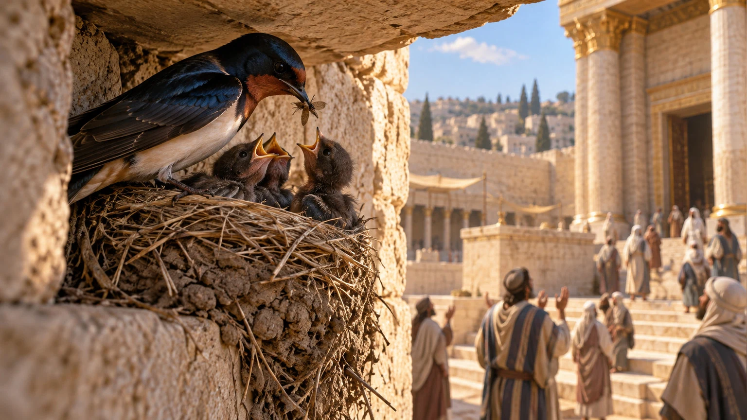 A swallow tends young near the sanctuary.