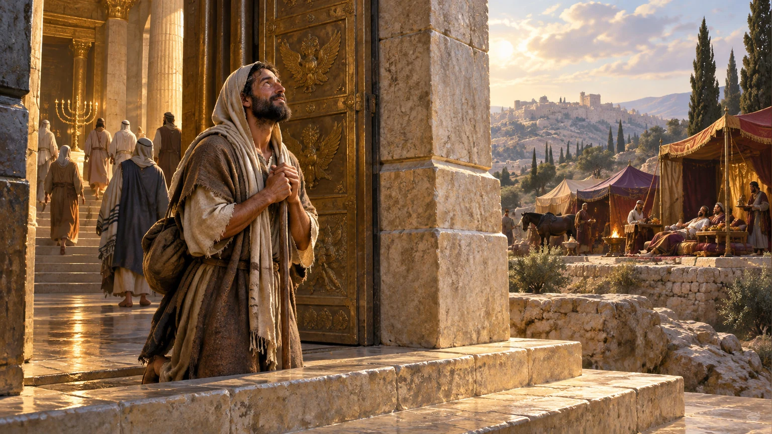 A pilgrim chooses a humble sanctuary threshold.