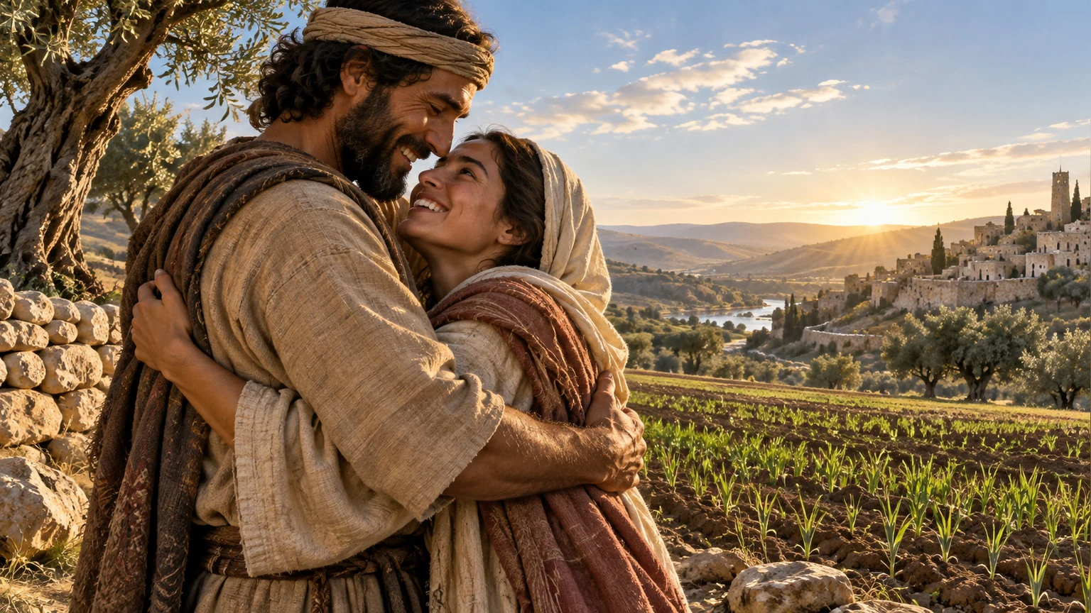 Two people embrace where truth and mercy meet in a sunlit landscape.