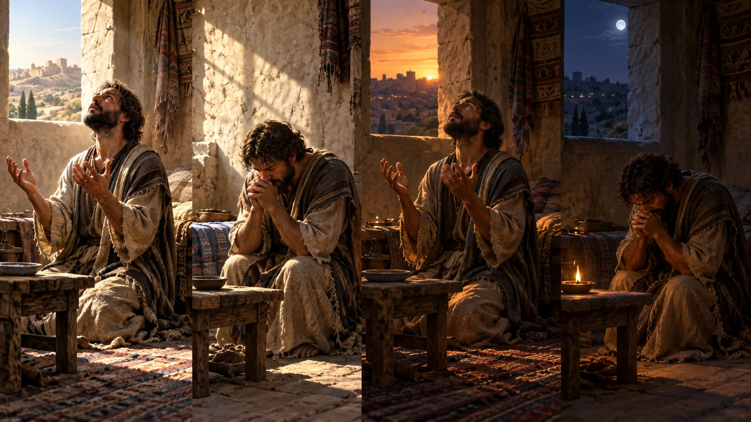 A poor servant prays alone through the long day.