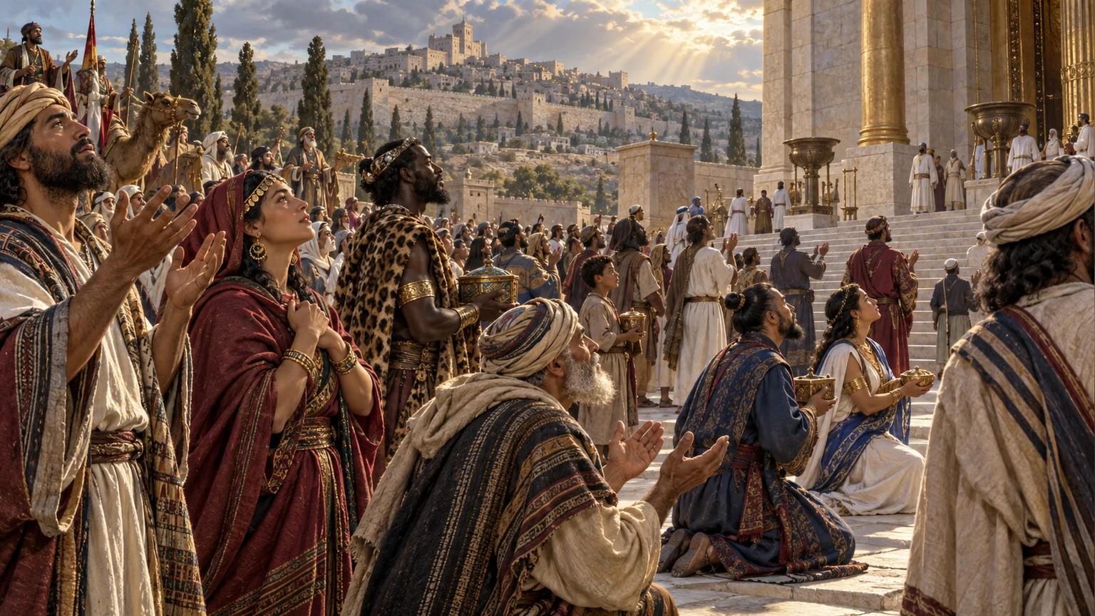 People from many nations gather in reverence.