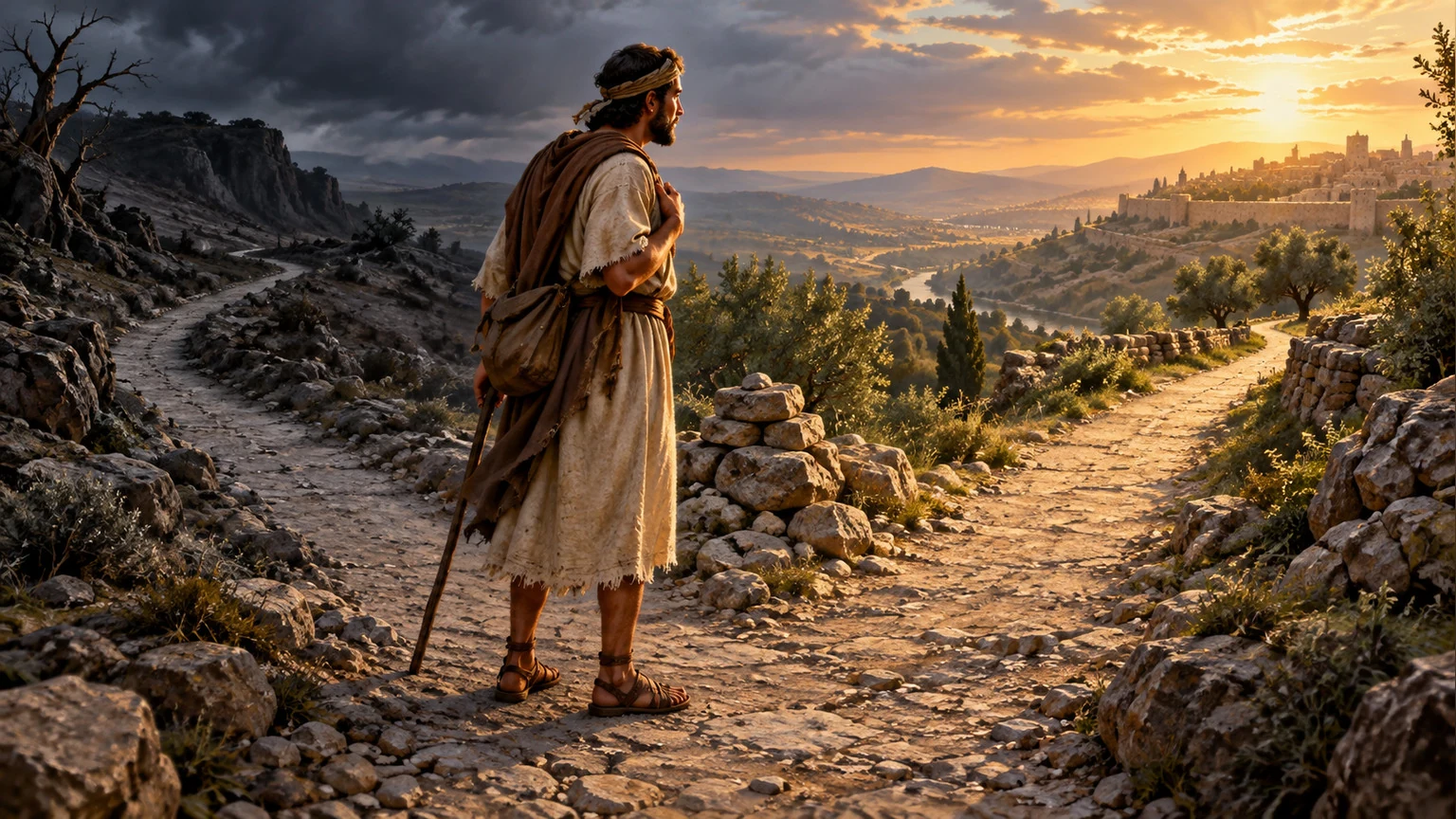 A traveler chooses a single clear path where roads diverge.
