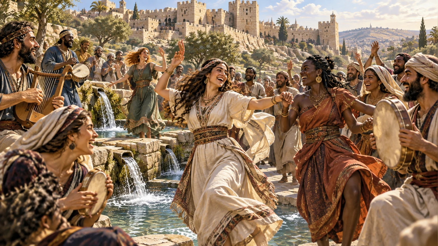 Singers and dancers gather around flowing springs in Zion.