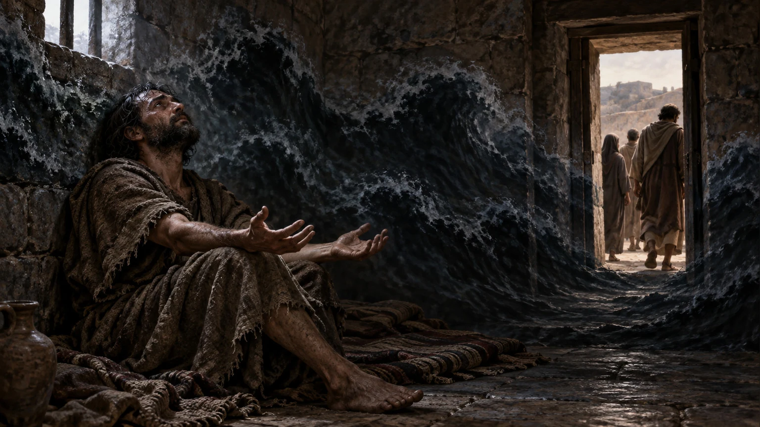 Dark wave-like shadows enclose the sufferer as companions withdraw.
