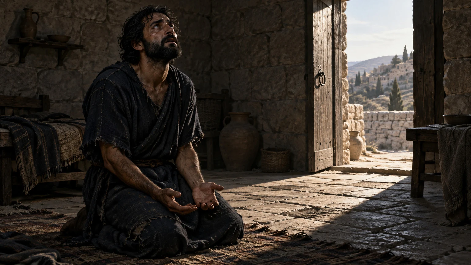 Morning reaches the doorway, but the man still prays in anguish.