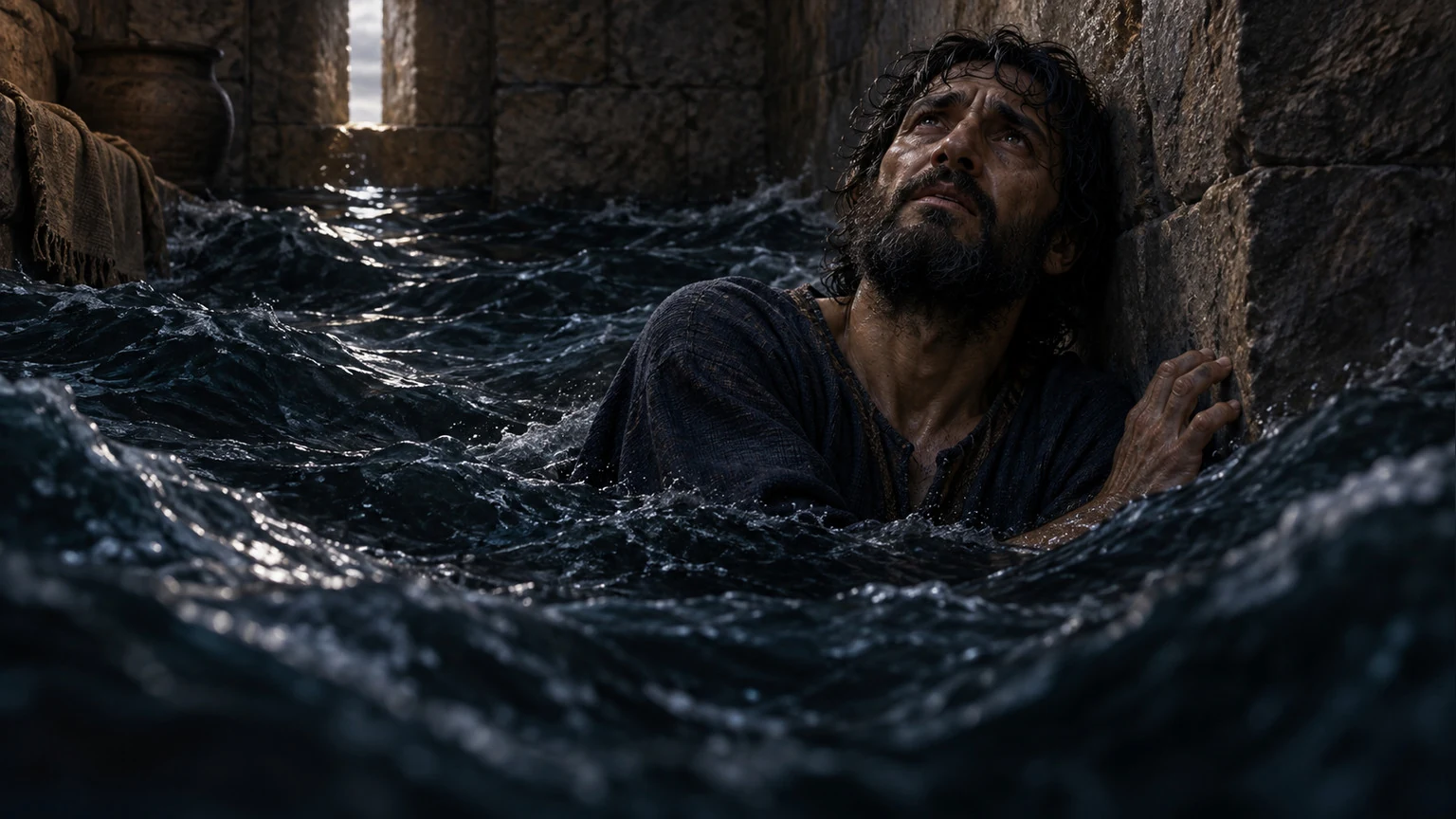 Dark water imagery closes around the isolated man.