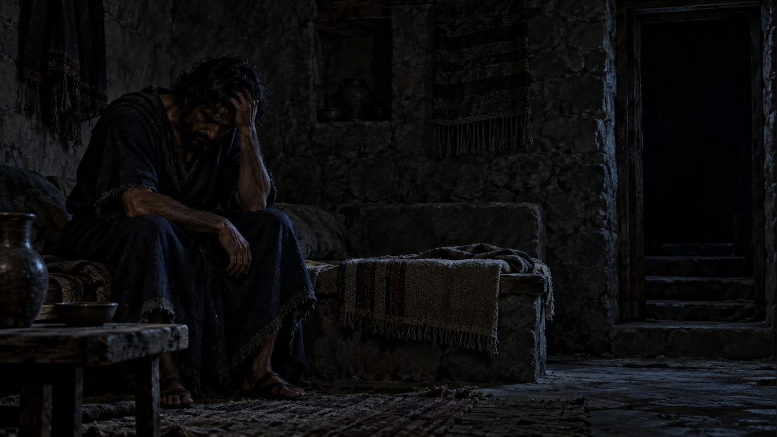 The man sits beside an empty place in a dark room; no answer arrives.