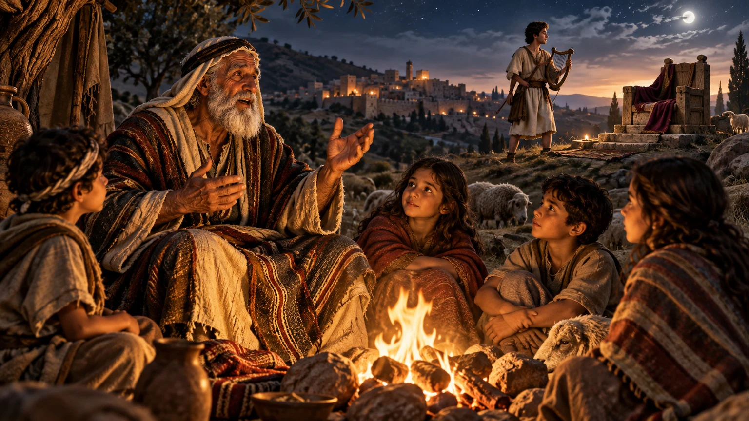 An elder sings to children of the promise to David.