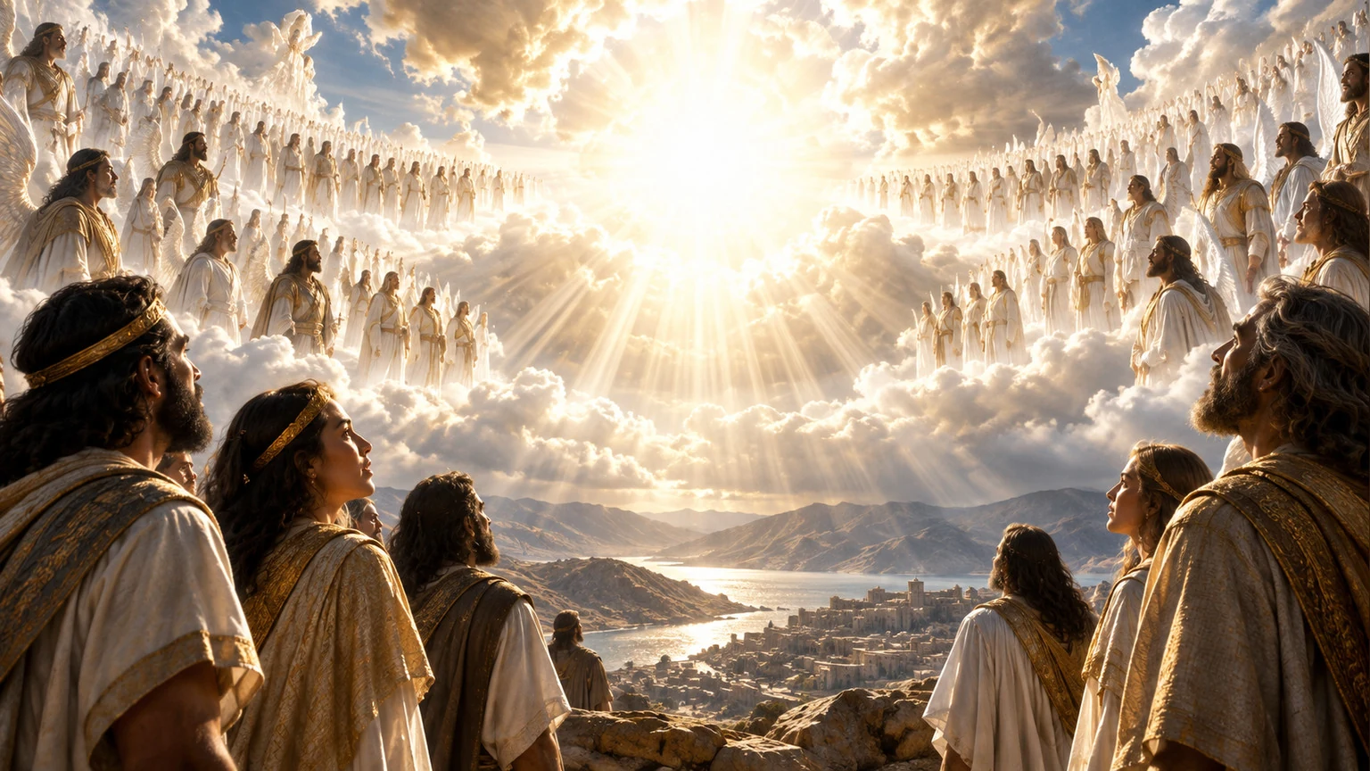 A luminous heavenly council stands in awe.