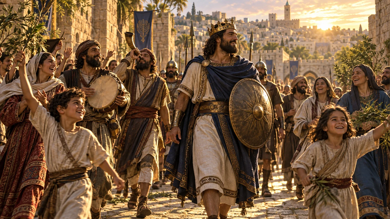 A joyful people walk together in warm light.