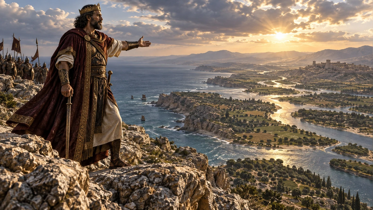 David looks across sea and rivers from a high place.