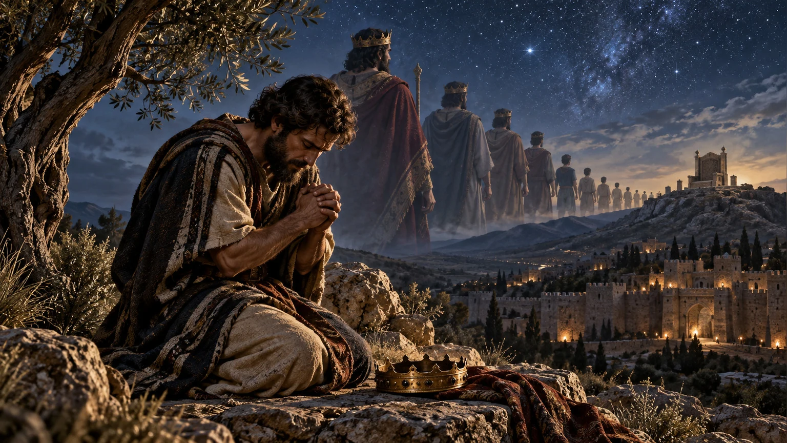 David kneels in private prayer beneath the stars.