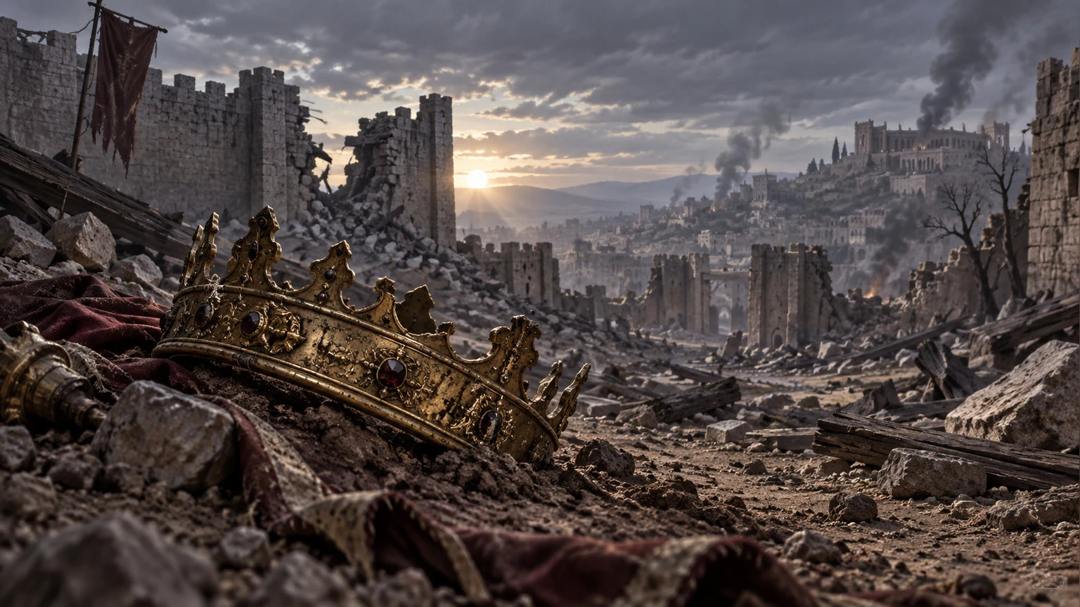 A fallen crown lies before breached walls and ruins.