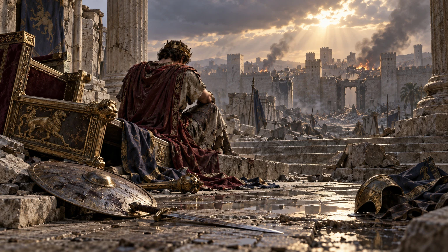 The royal city and throne lie broken after defeat.