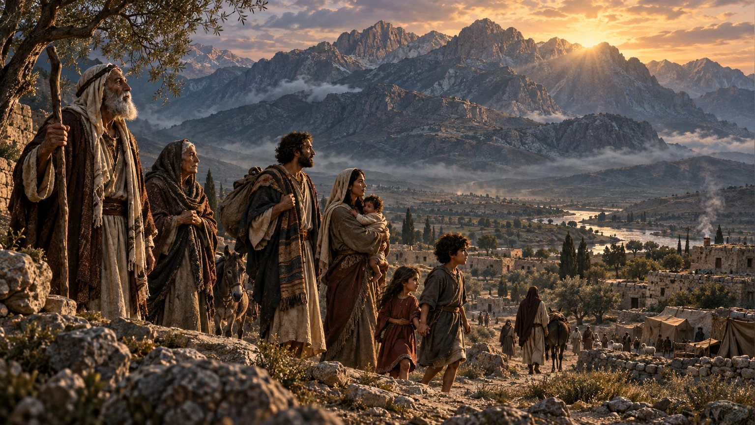 Generations pass beneath ancient mountains and humble homes.