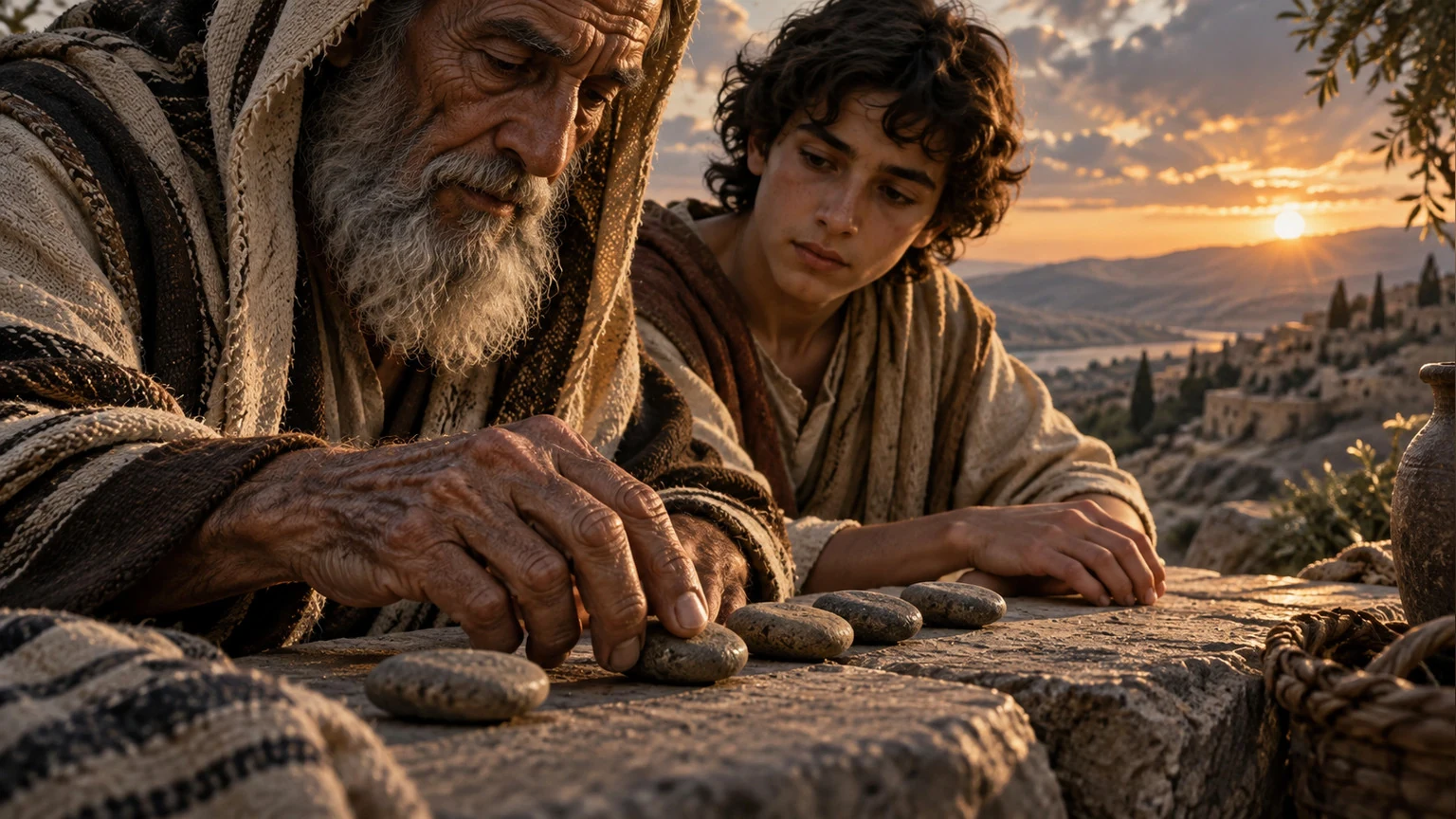 Weathered hands count smooth stones with a younger hand nearby.
