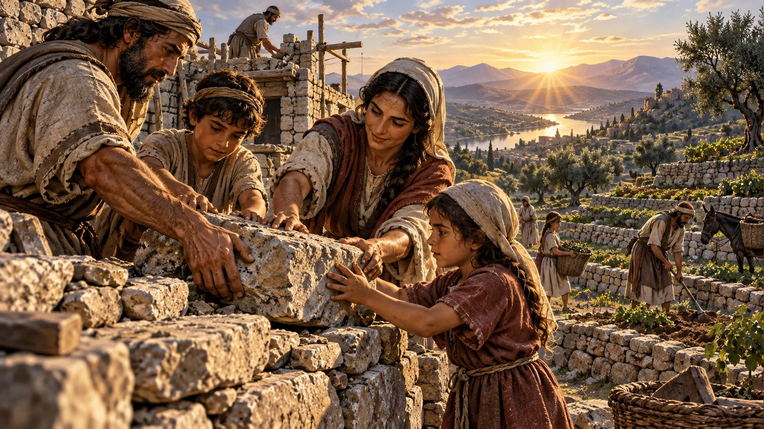 Parents and children build and tend terraces together.