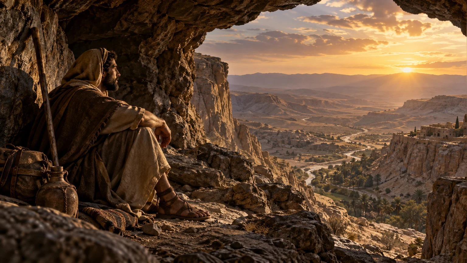 A traveler rests inside a shaded stone refuge.